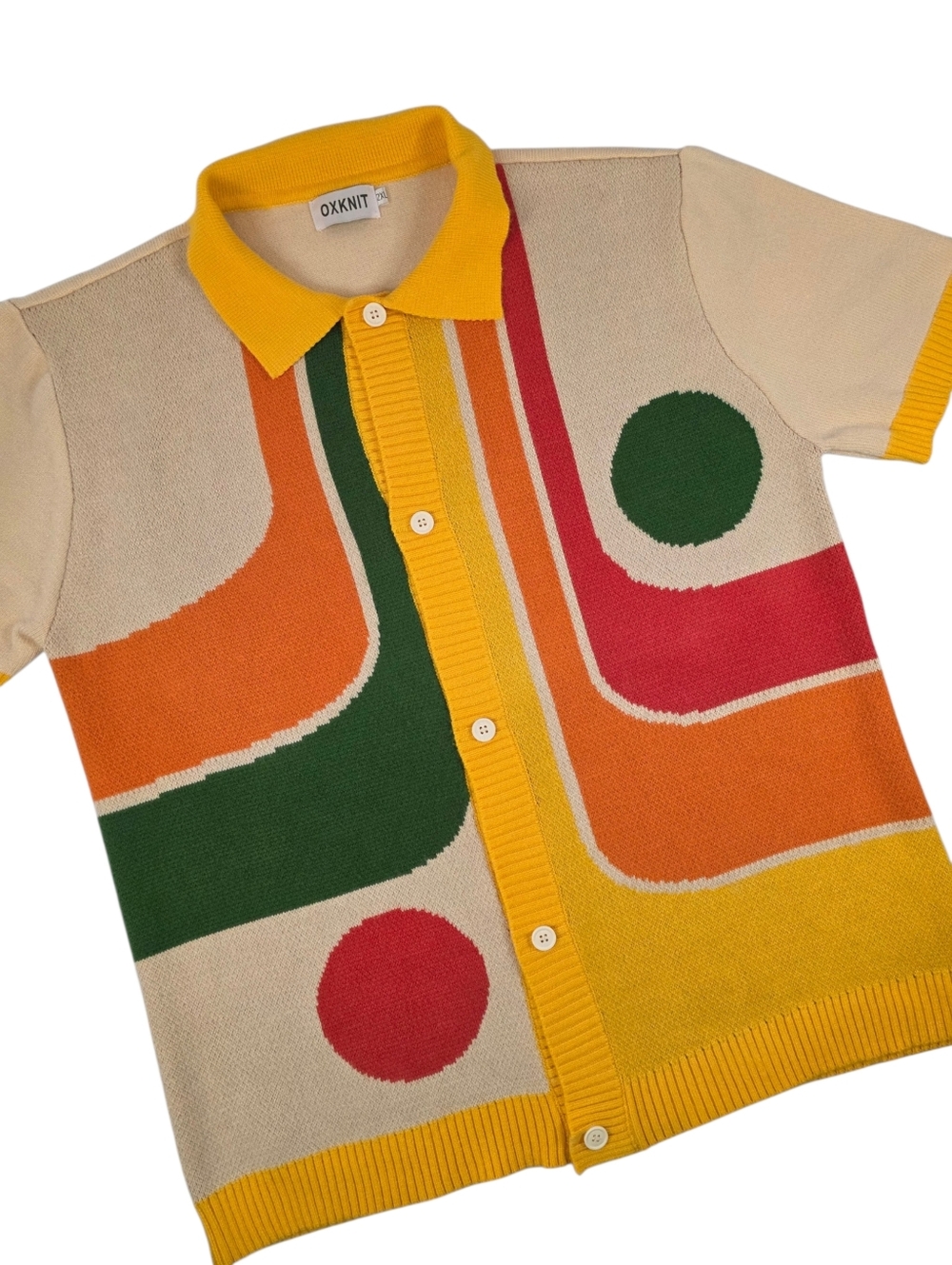 Retro Mod Colorblock Knit Polo Cardigan Short-Sleeve Men 2XL Bold Graphic Soft - Picture 2 of 7